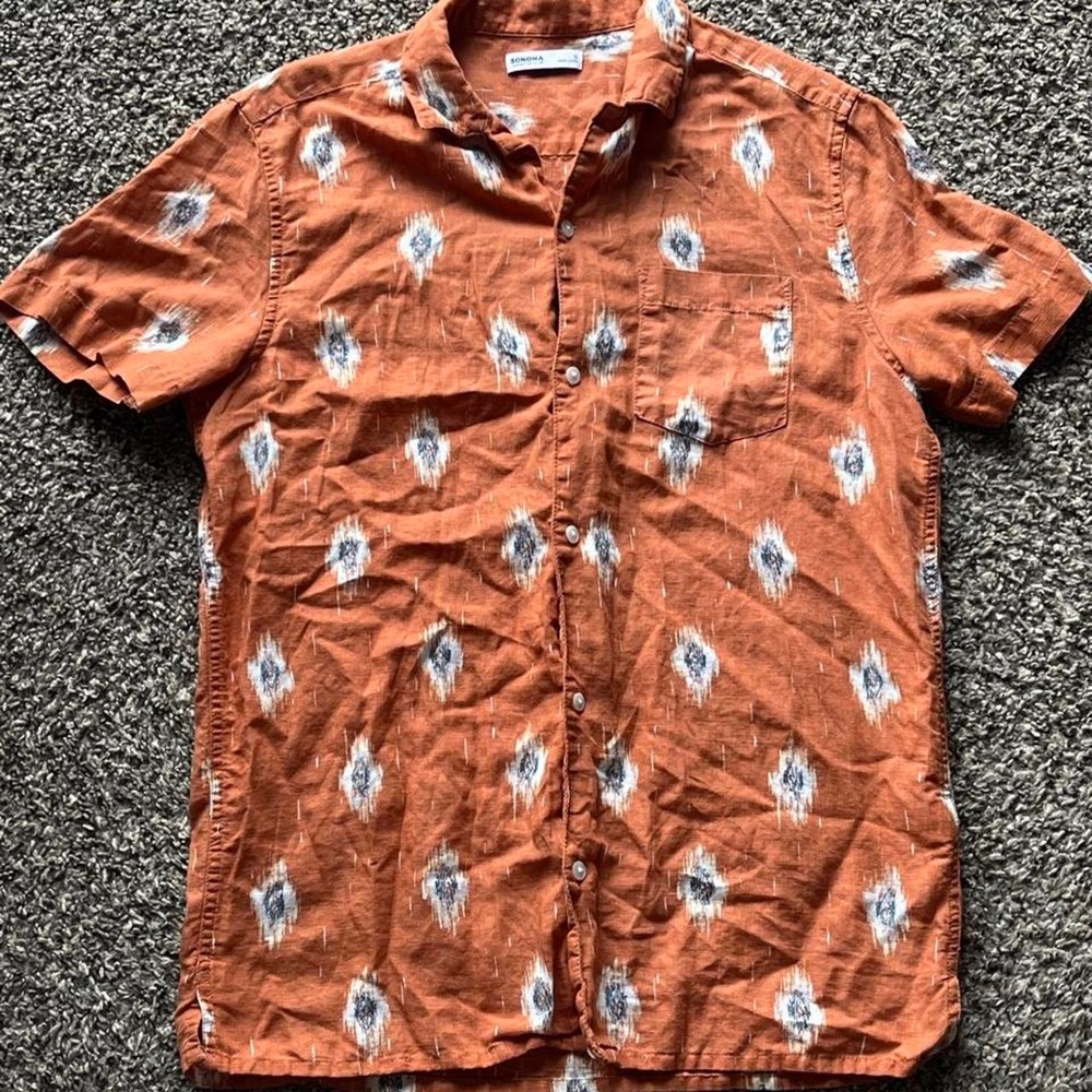 Sonoma Goods for Life Mens Burnt Orange Ikat Linen Blend Button Up Shirt S